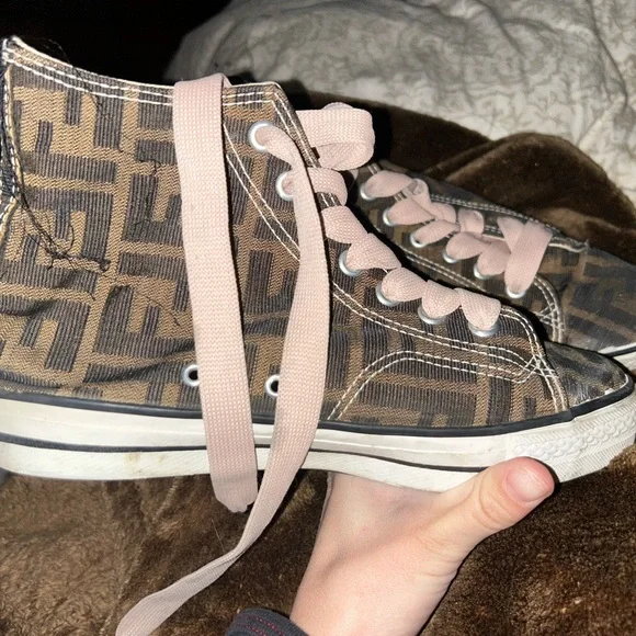 Vintage Fendi Monogram High-Top Sneakers with Pink Laces